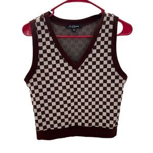 Mixed Threads Sweater Vest Brown Cream Checkered Sleeveless Preppy Size L Junior